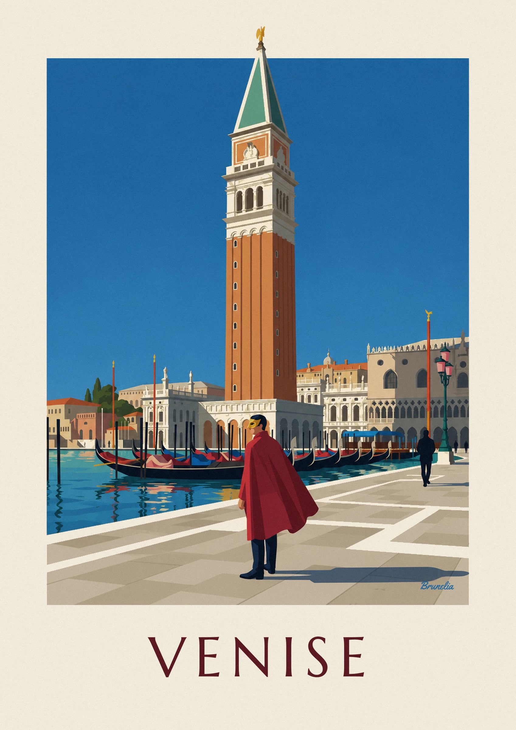 The masked man seen from behind, in a red cape and gold mask, facing the gondolas by the quay