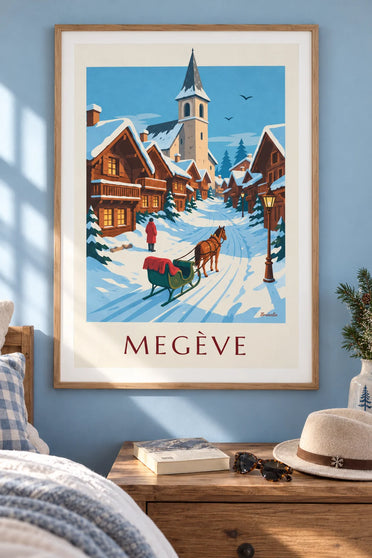 Poster Pferdeschlitten in einer verschneiten Straße von Megève: gerahmt an der Wand