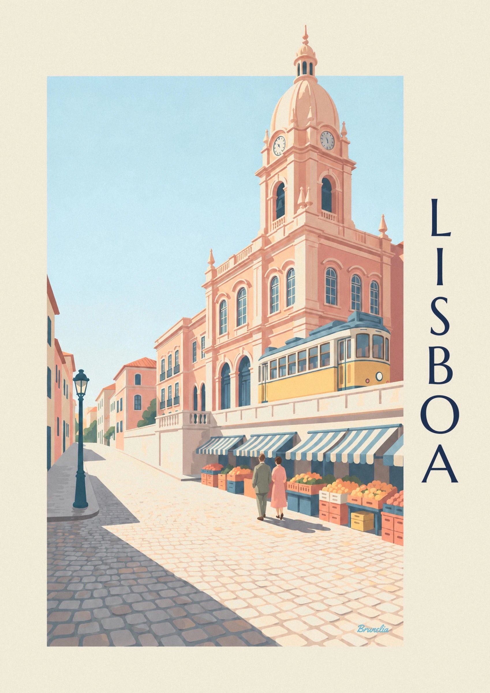 Der rosafarbene Turm des Mercado da Ribeira mit seinen 2 Uhren und der Kuppel