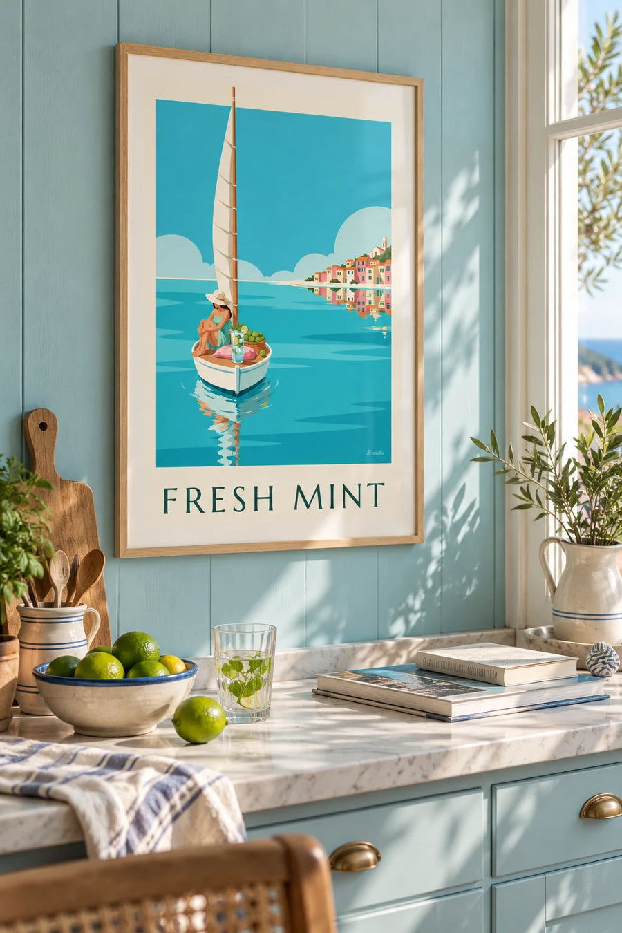 Poster Mojito an Bord eines kleinen Segelboots in einer türkisfarbenen Bucht: gerahmt an der Wand