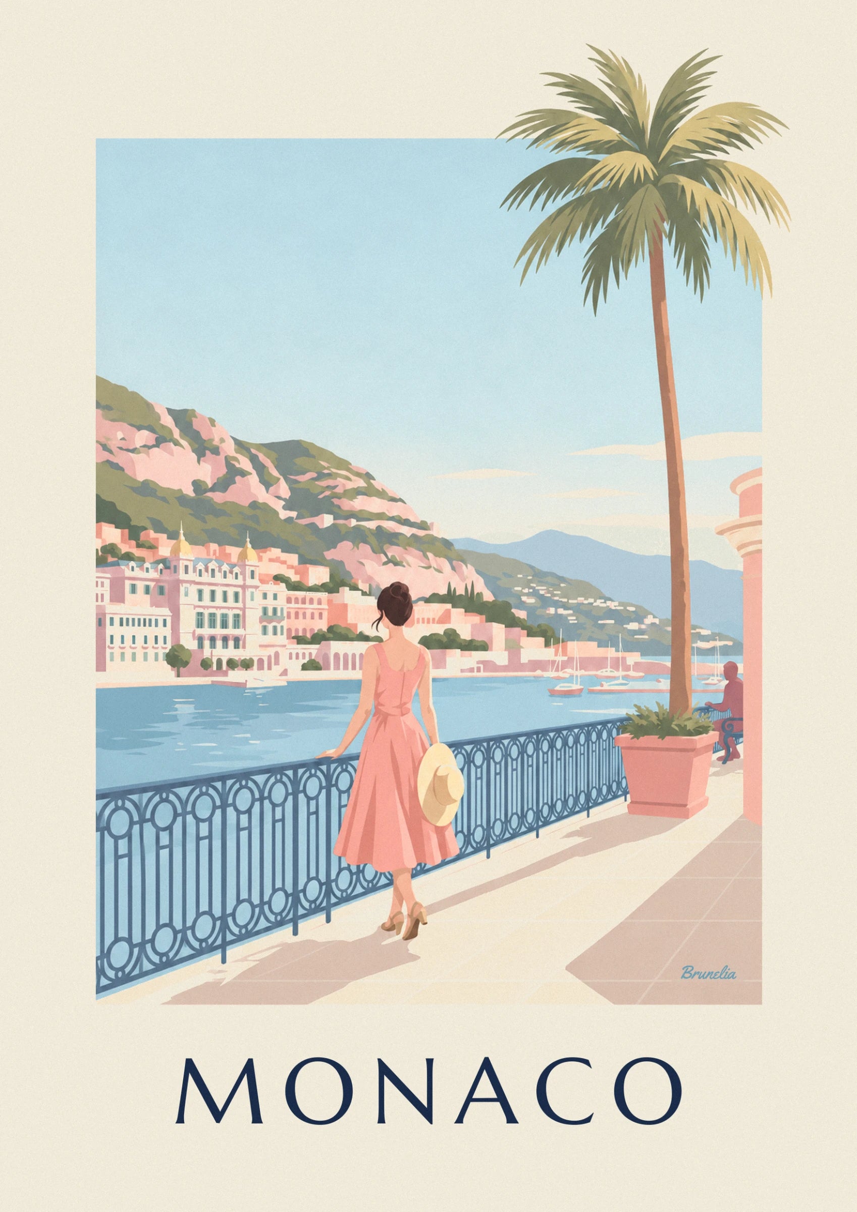 La femme en robe rose, chapeau de paille à la main, face à la baie et ses façades roses