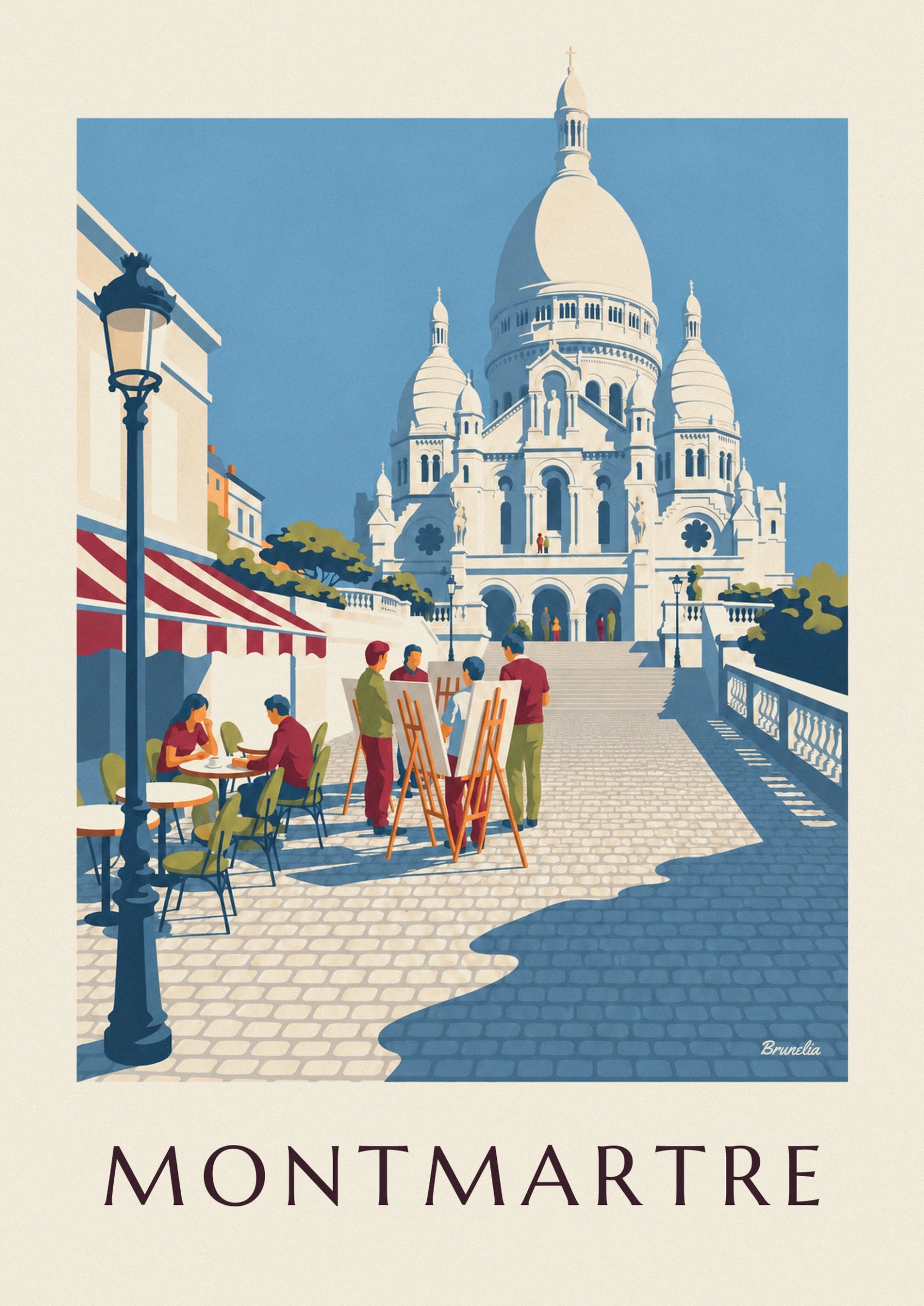 Das weiße Sacré-Cœur und seine Kuppeln vor klarem blauem Himmel
