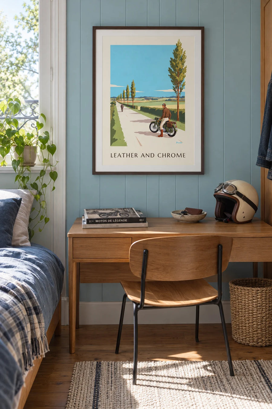 Poster of a biker in a leather jacket and aviator goggles: framed on the wall