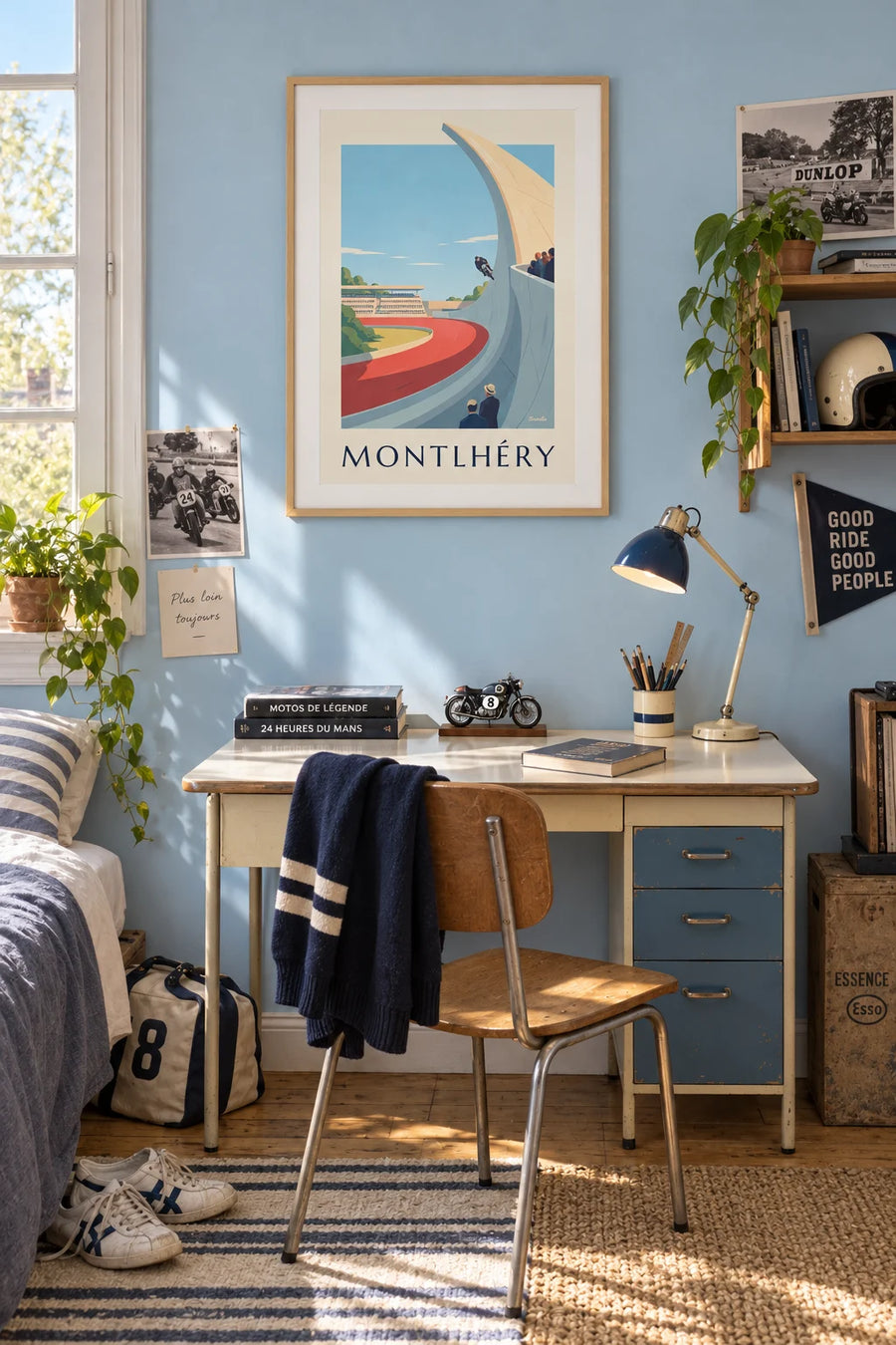 Poster of a racing motorcycle on the Montlhéry speed oval: framed on the wall