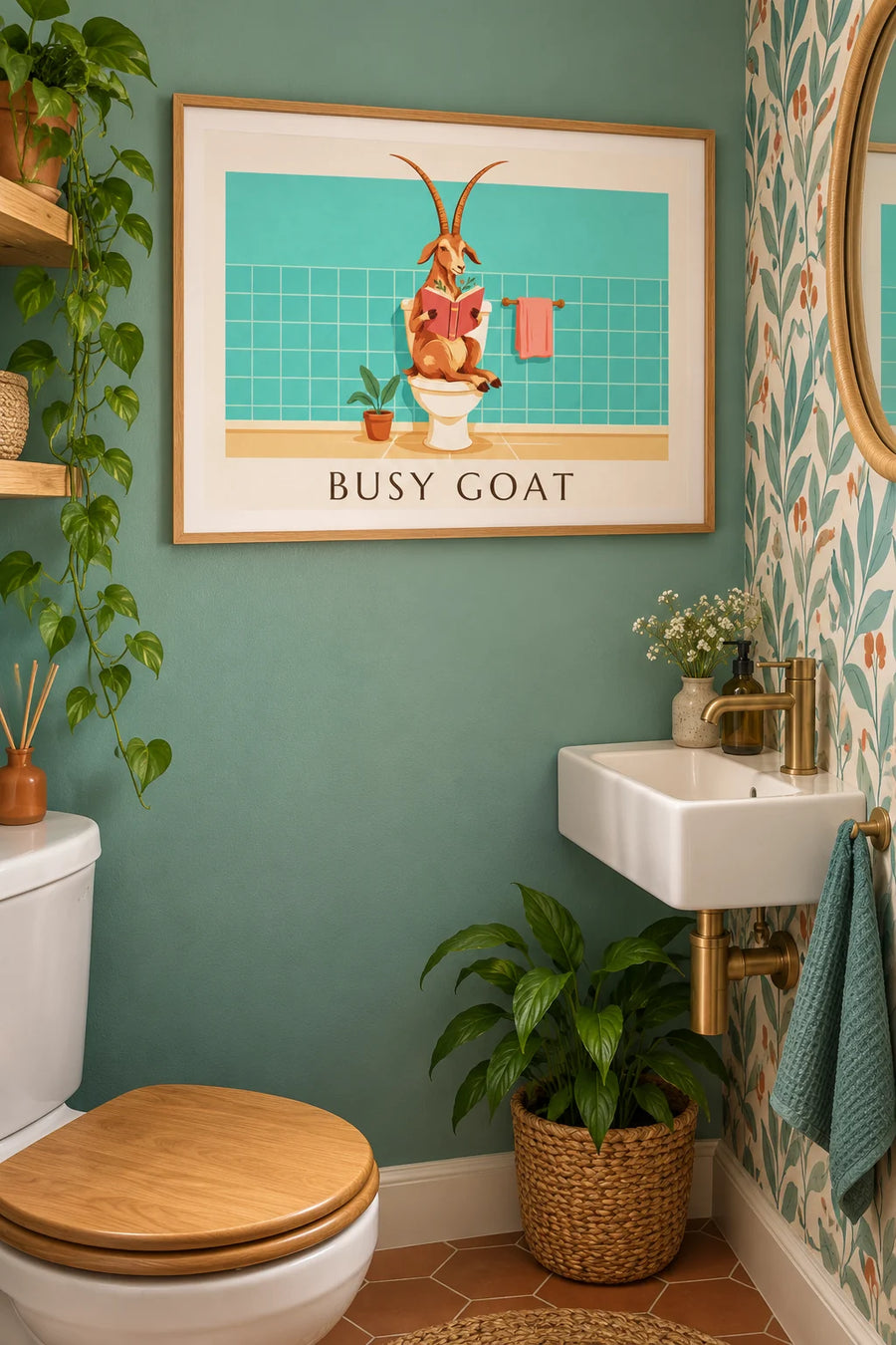 Lustiges Poster Ziege, die auf der Toilette liest: gerahmt an der Wand