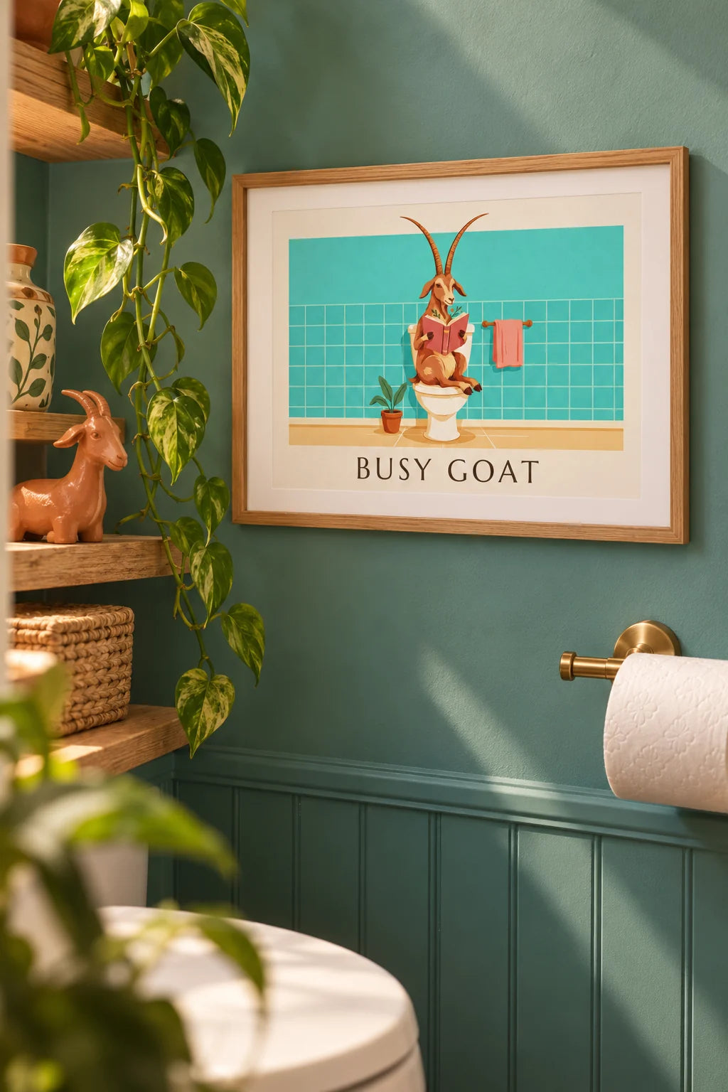 Powder room: Funny goat reading on the toilet poster on the wall