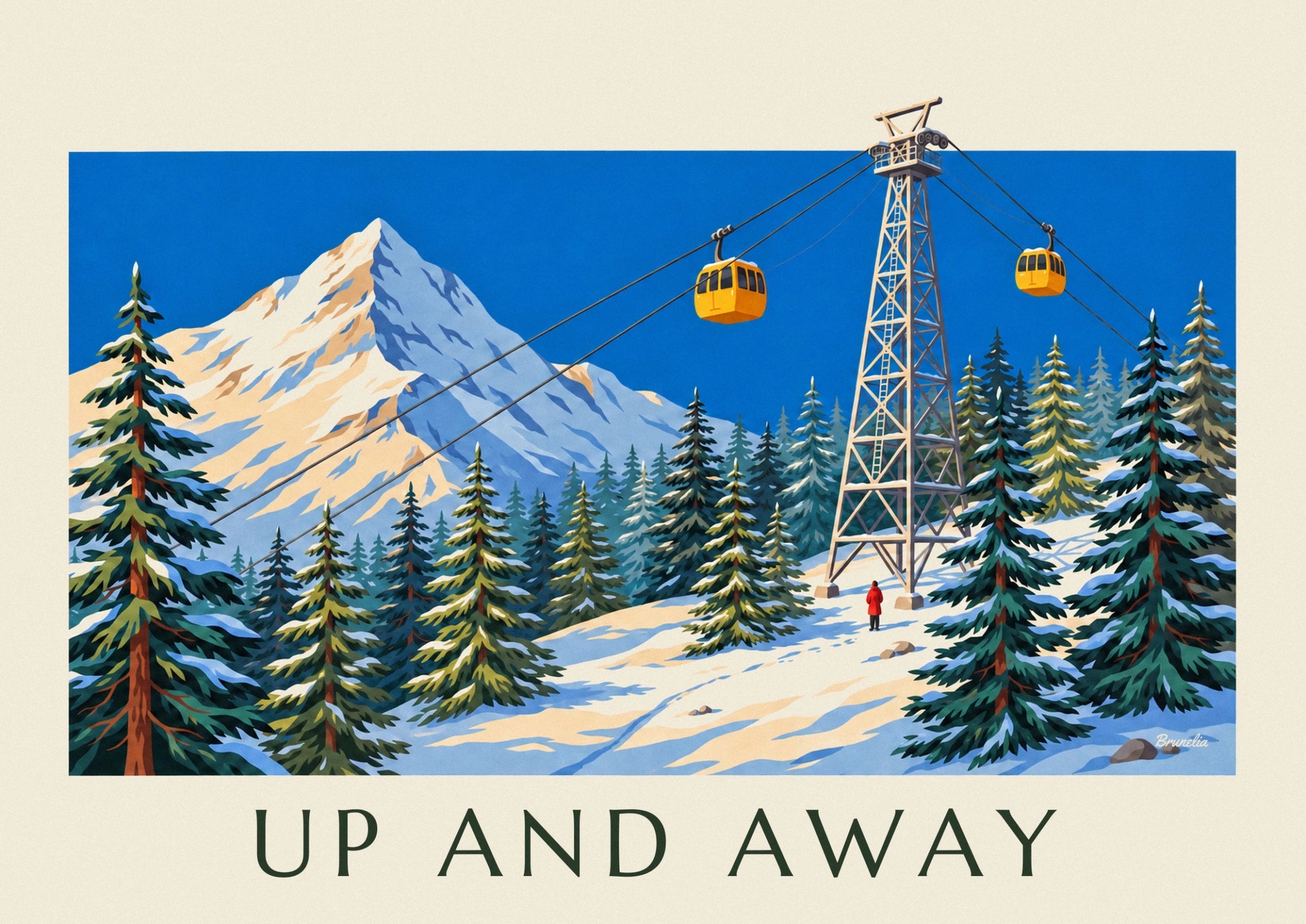 The yellow cable car suspended from cables above the snowy fir trees