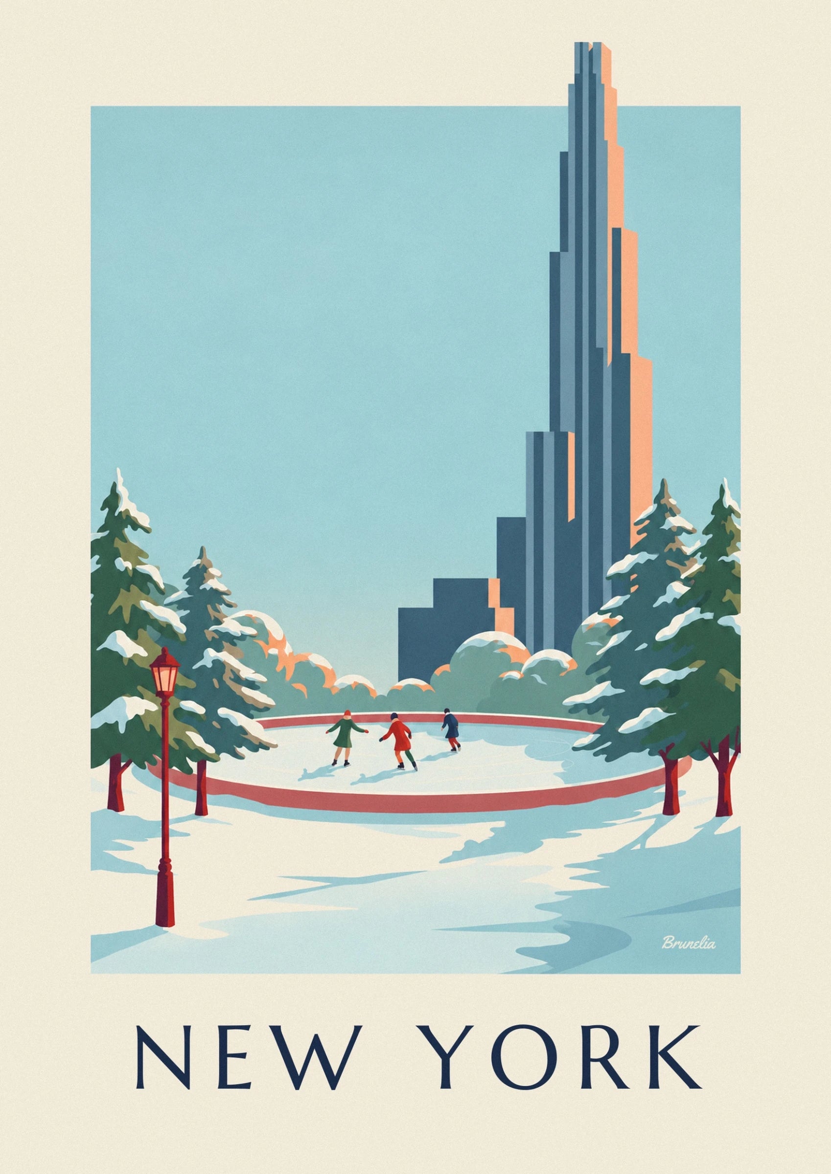 The 3 skaters in green, red and blue coats on the snowy ice rink