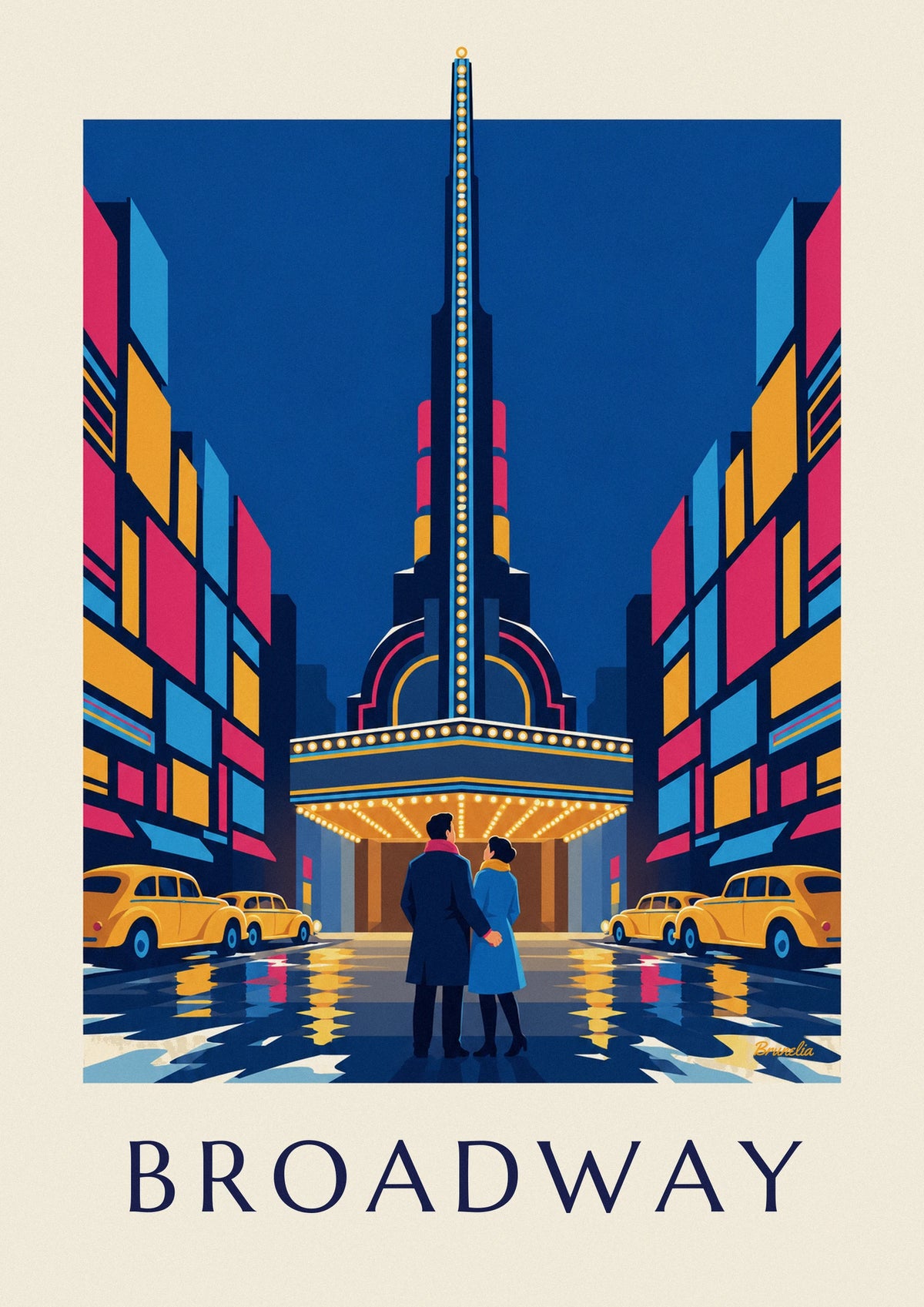 Couple outside an illuminated Broadway theater at night poster