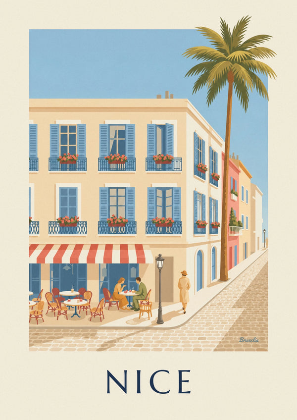 Nice café terrace and wrought iron balconies poster