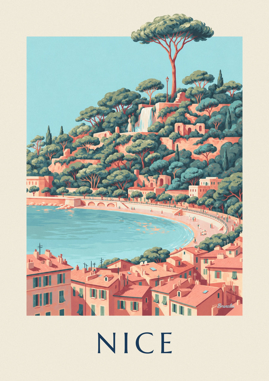 Château Hill waterfall and Baie des Anges in Nice poster
