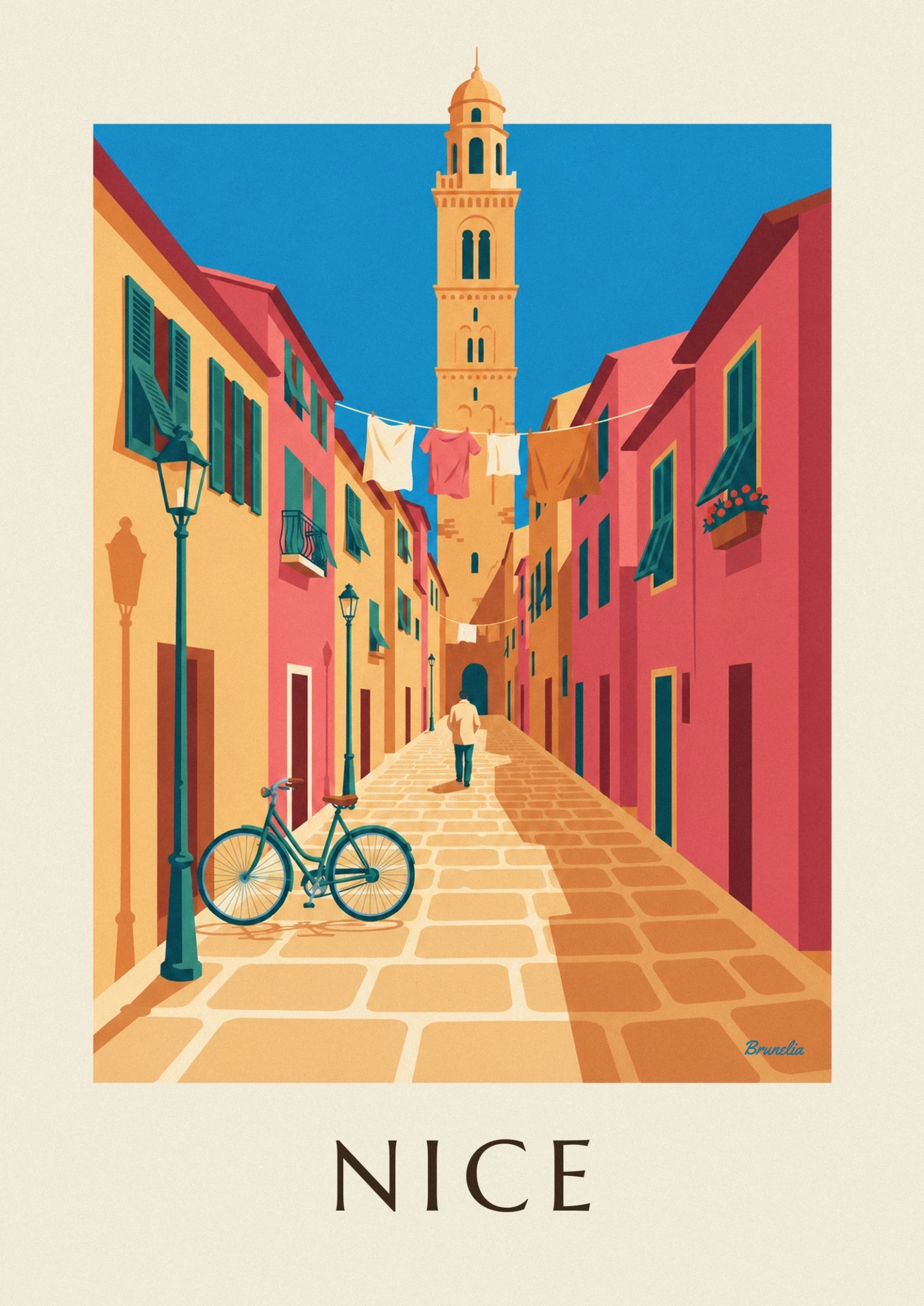 The green bicycle with a brown saddle on the golden cobbles of a lane in Vieux Nice