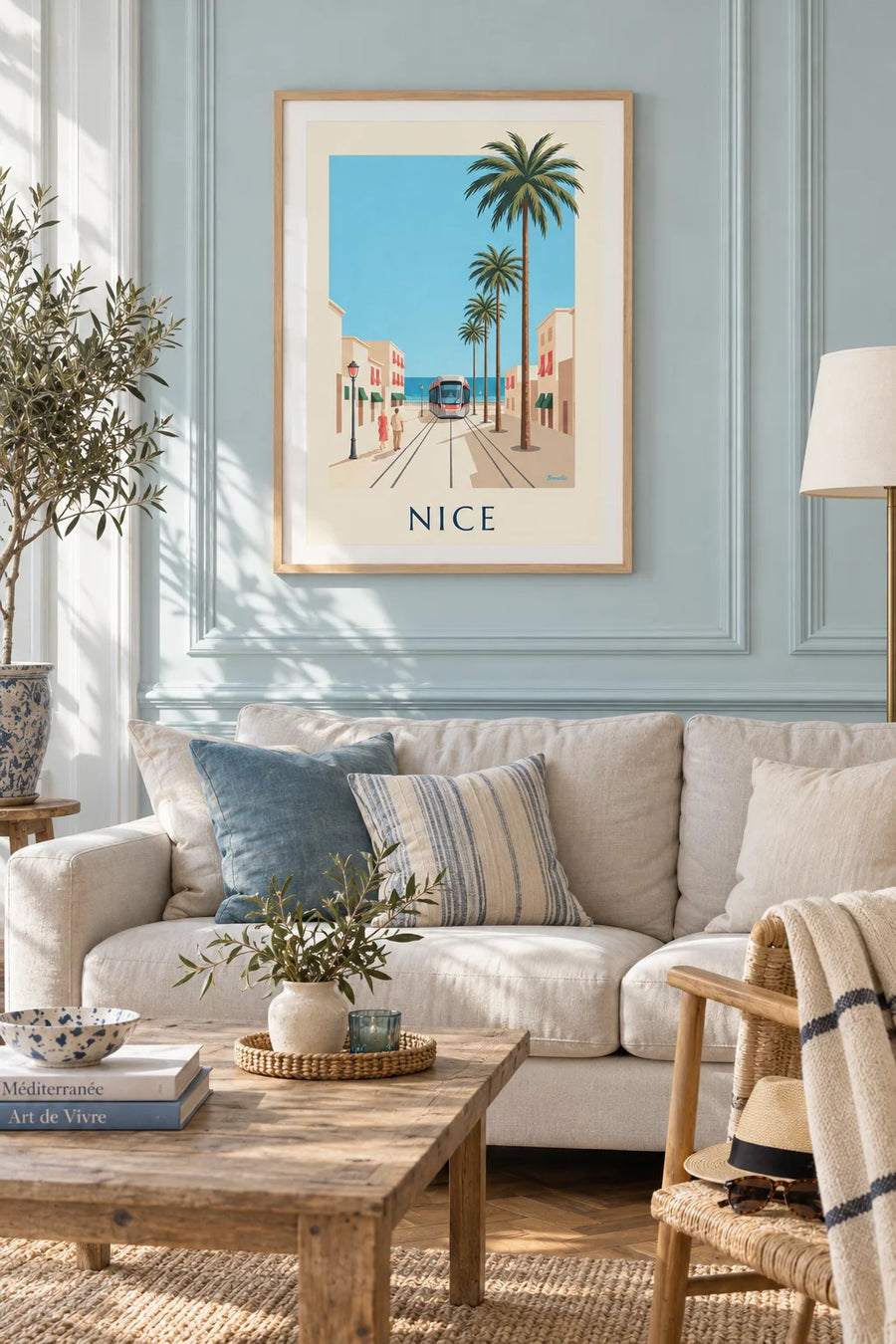 Affiche tramway de Nice et la Méditerranée : encadrée au mur