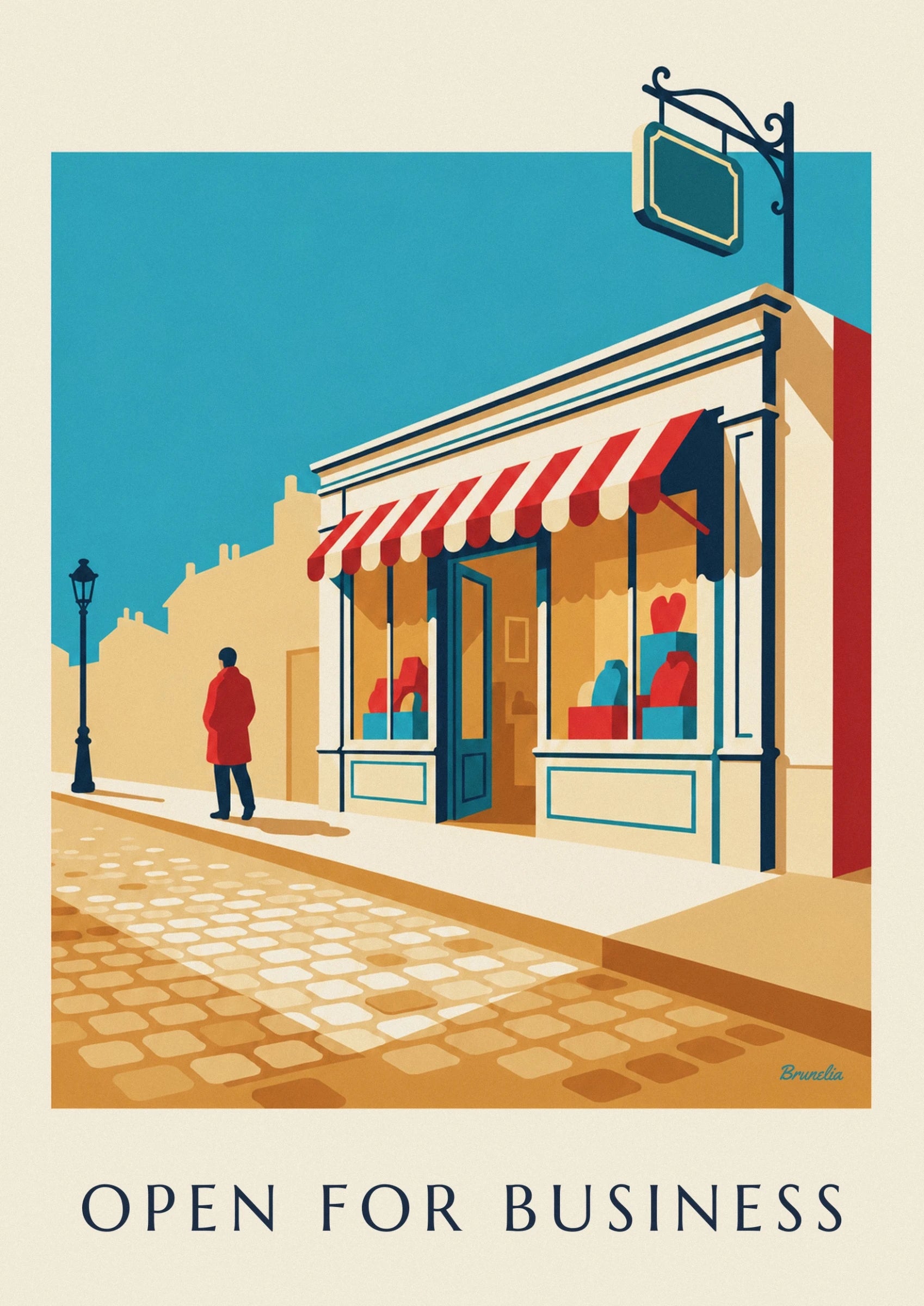 The grocery shop front with its red and cream awning and half-open door
