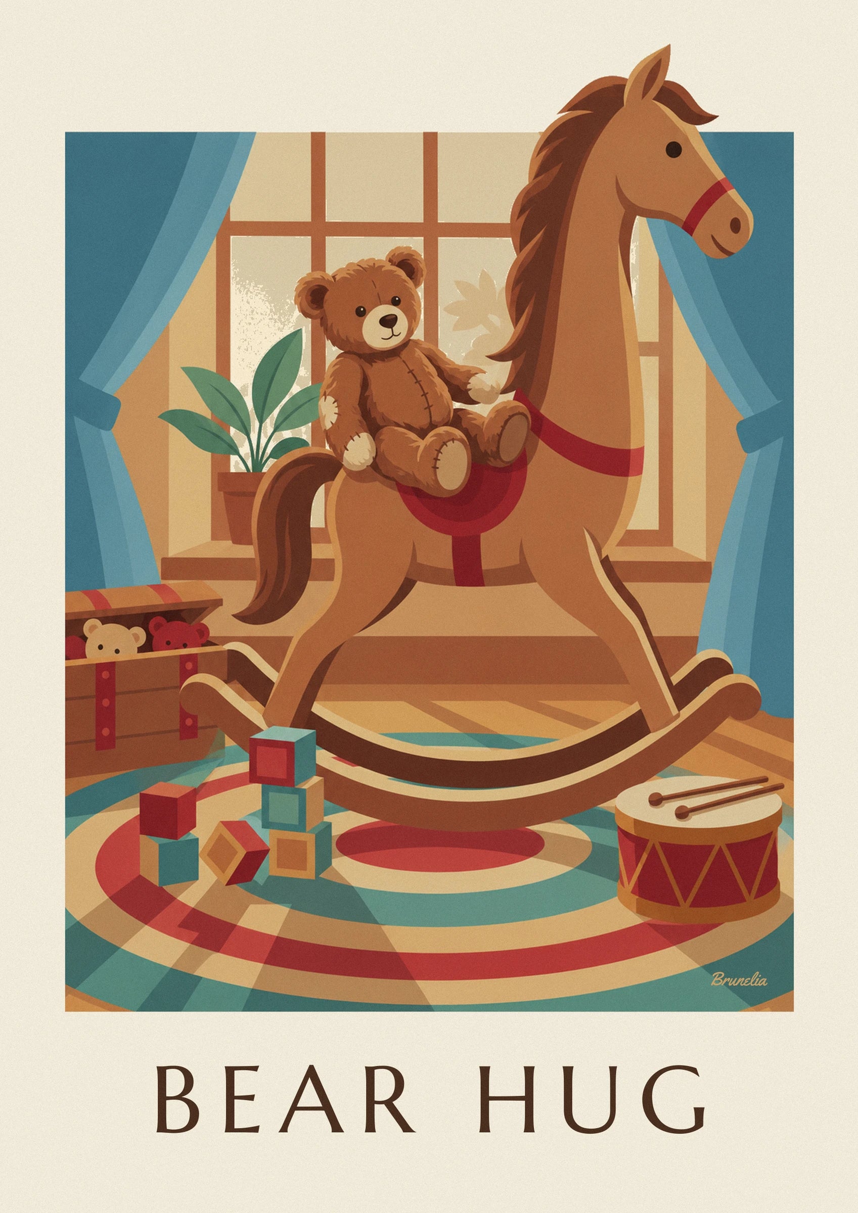 A brown teddy bear with stitched paws sitting on the rocking horse’s red saddle