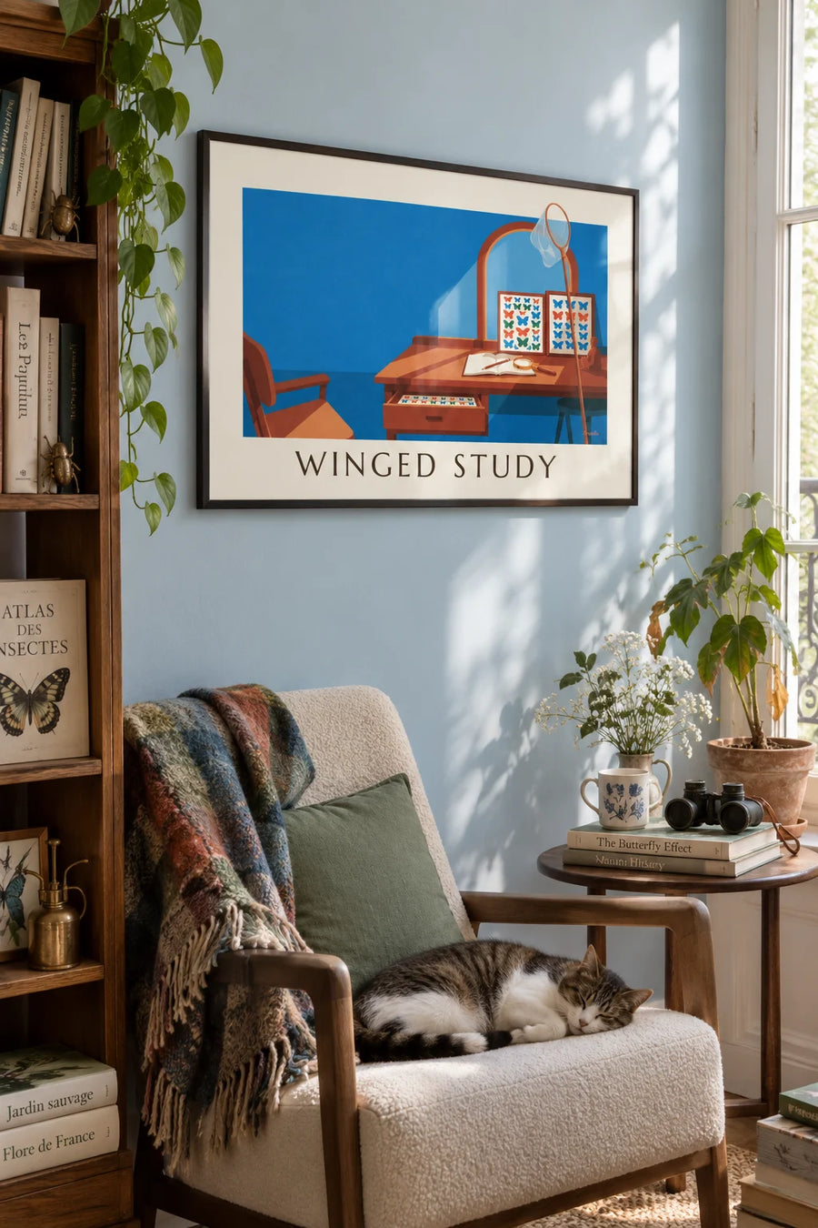 Poster of a naturalist butterfly plate in a study cabinet: framed on the wall