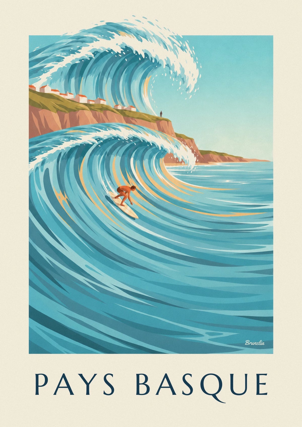 Affiche surfeur au pied des falaises de la côte basque
