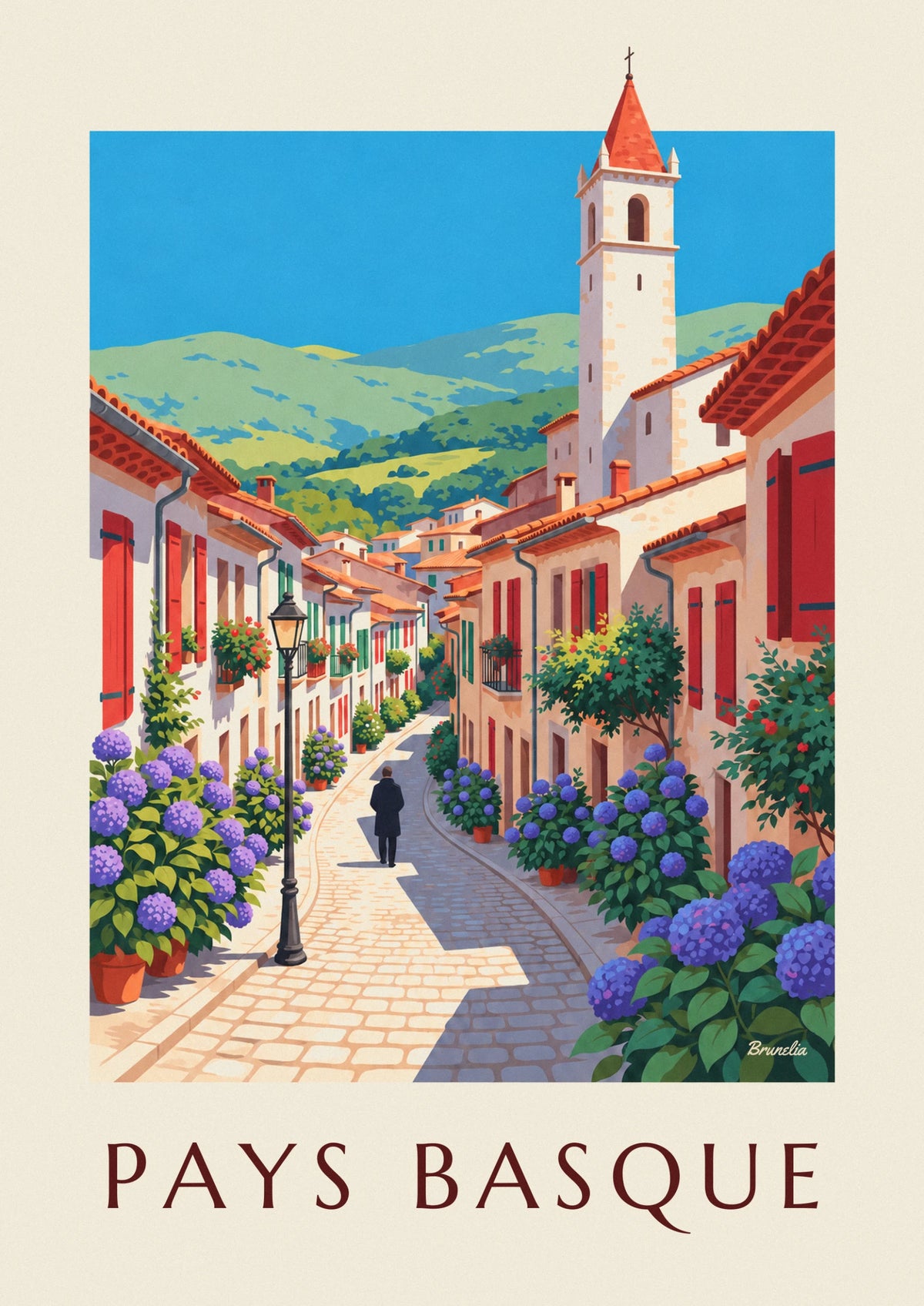 Affiche volets rouges et hortensias au Pays basque