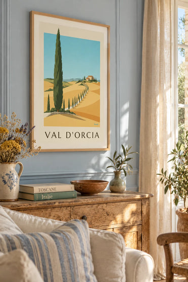 Poster mit Hügeln des Val d'Orcia und Zypressen in der Toskana: gerahmt an der Wand