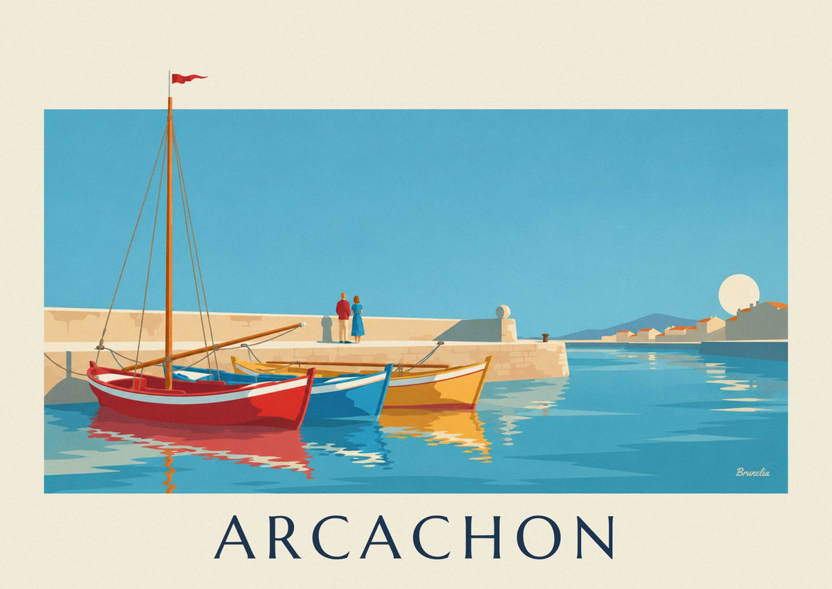 Affiche pinasses colorées dans le port d'Arcachon