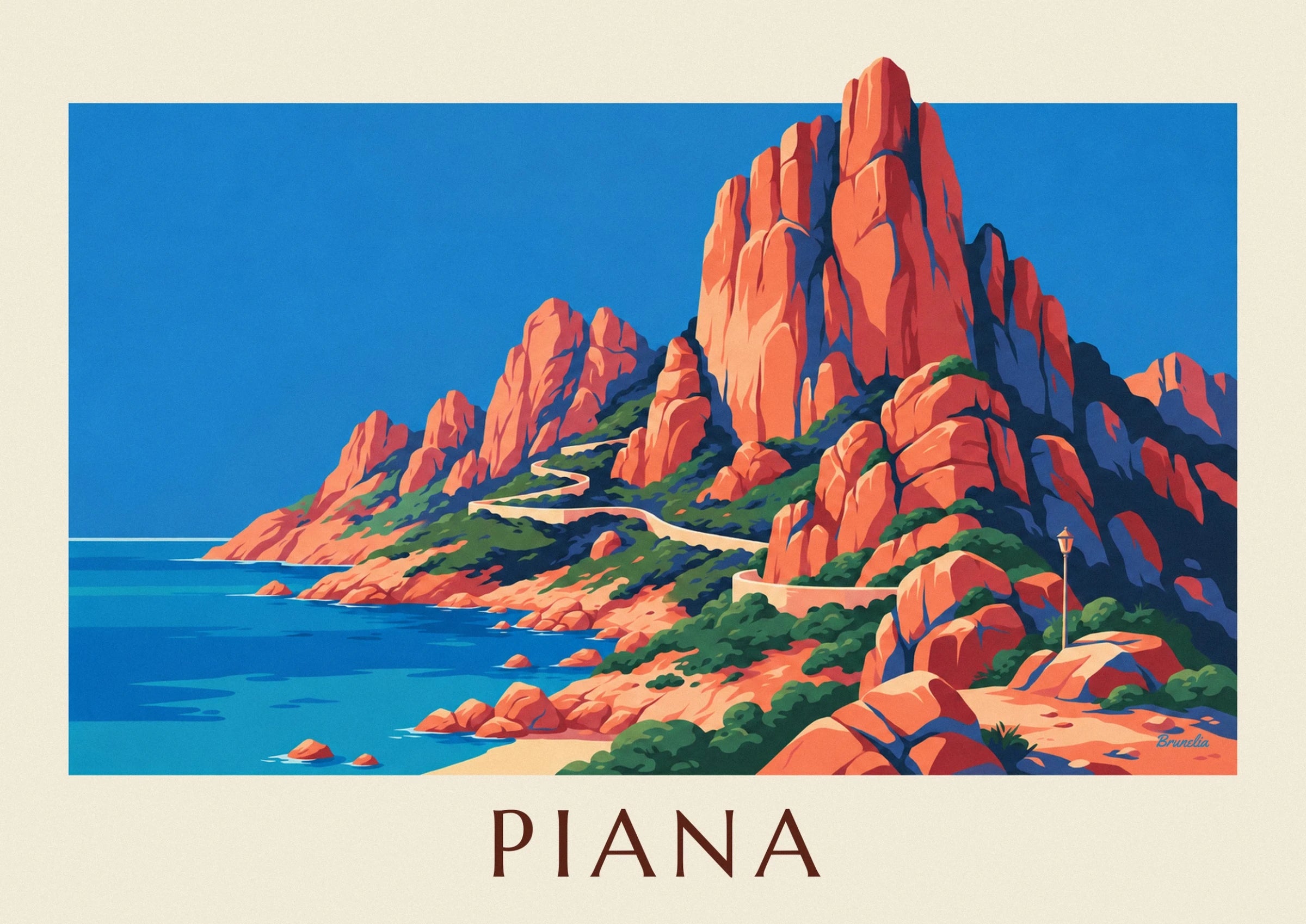 The tall orange rock spires of Piana with deep blue shadows
