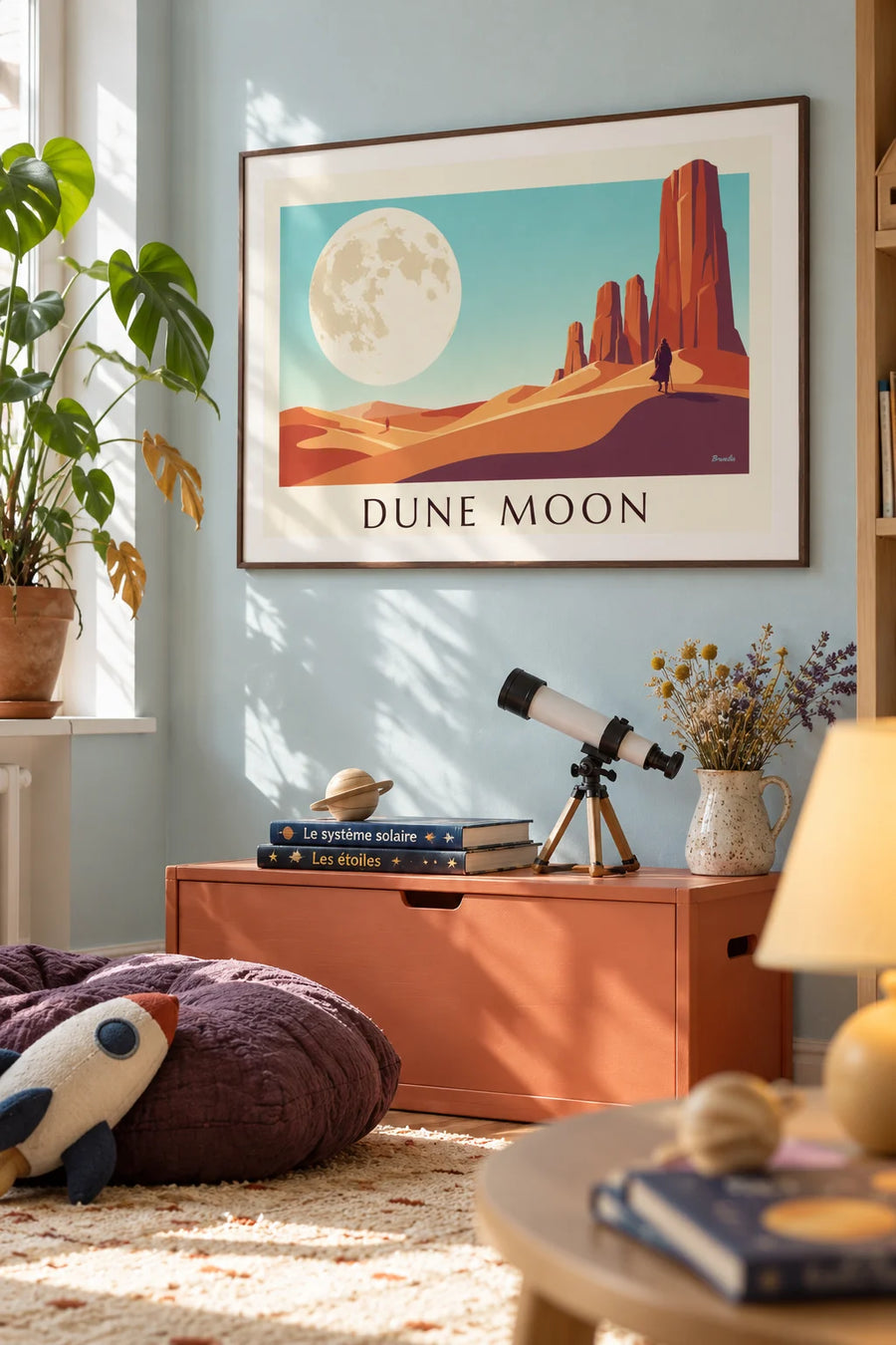 Poster Science-Fiction-Wüste unter einem riesigen Mond: gerahmt an der Wand