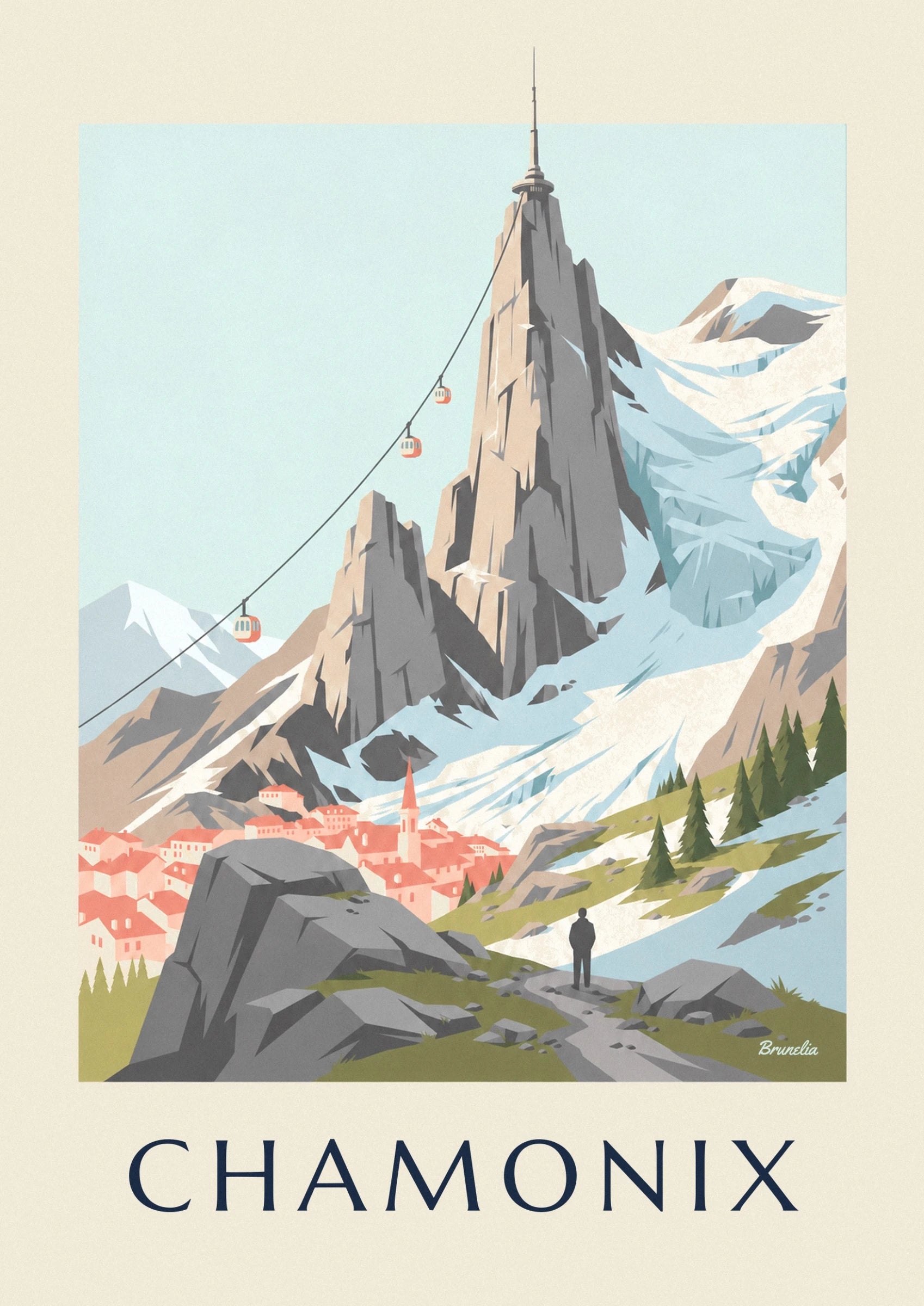 The aiguille du Midi and its summit station, flanked by 2 cable cars