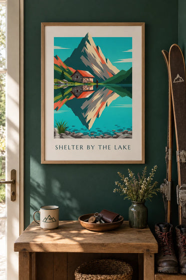 Poster Berghütte aus Stein am Ufer eines Alpensees: gerahmt an der Wand