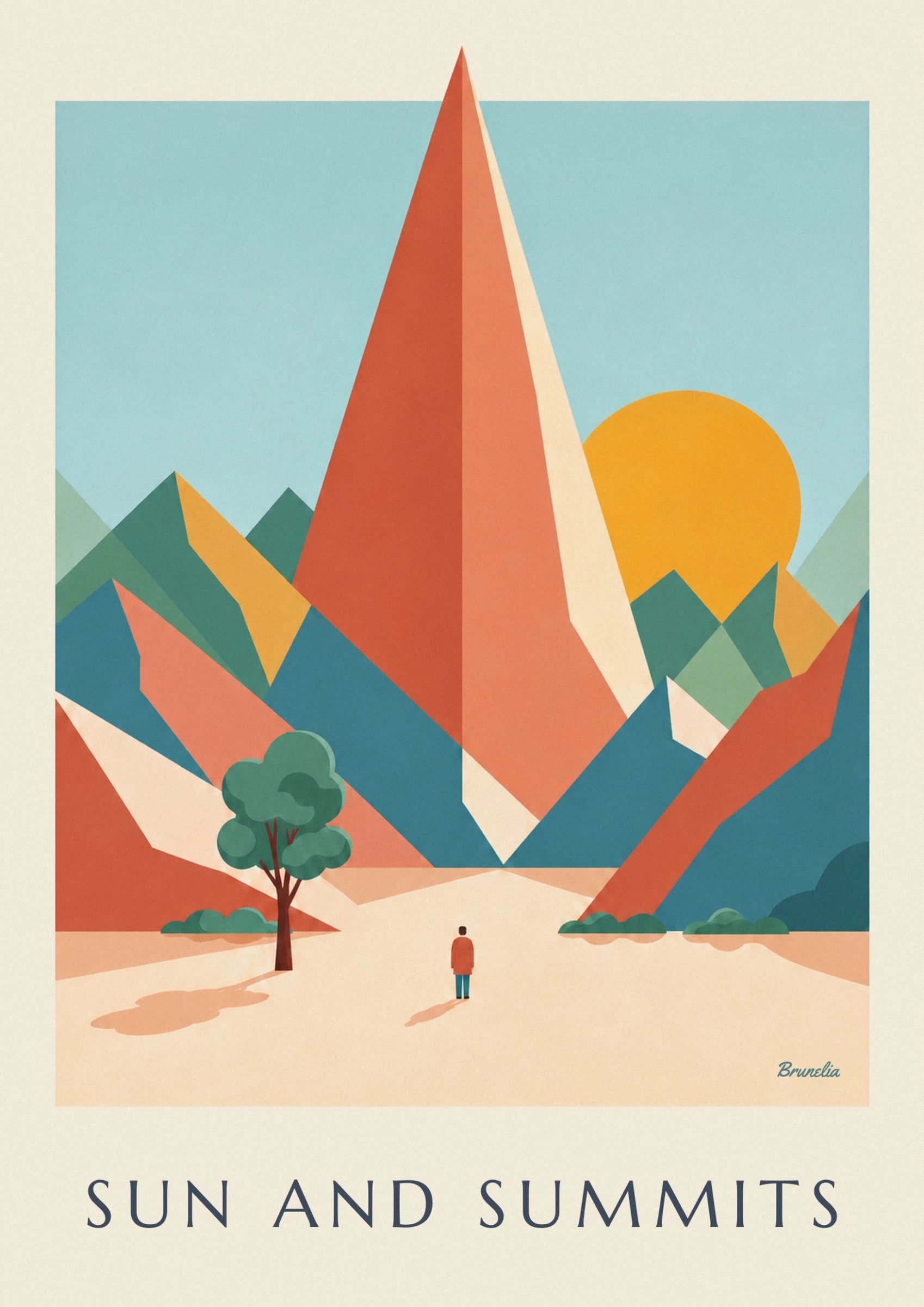 A red and cream geometric peak against a yellow sun and blue sky