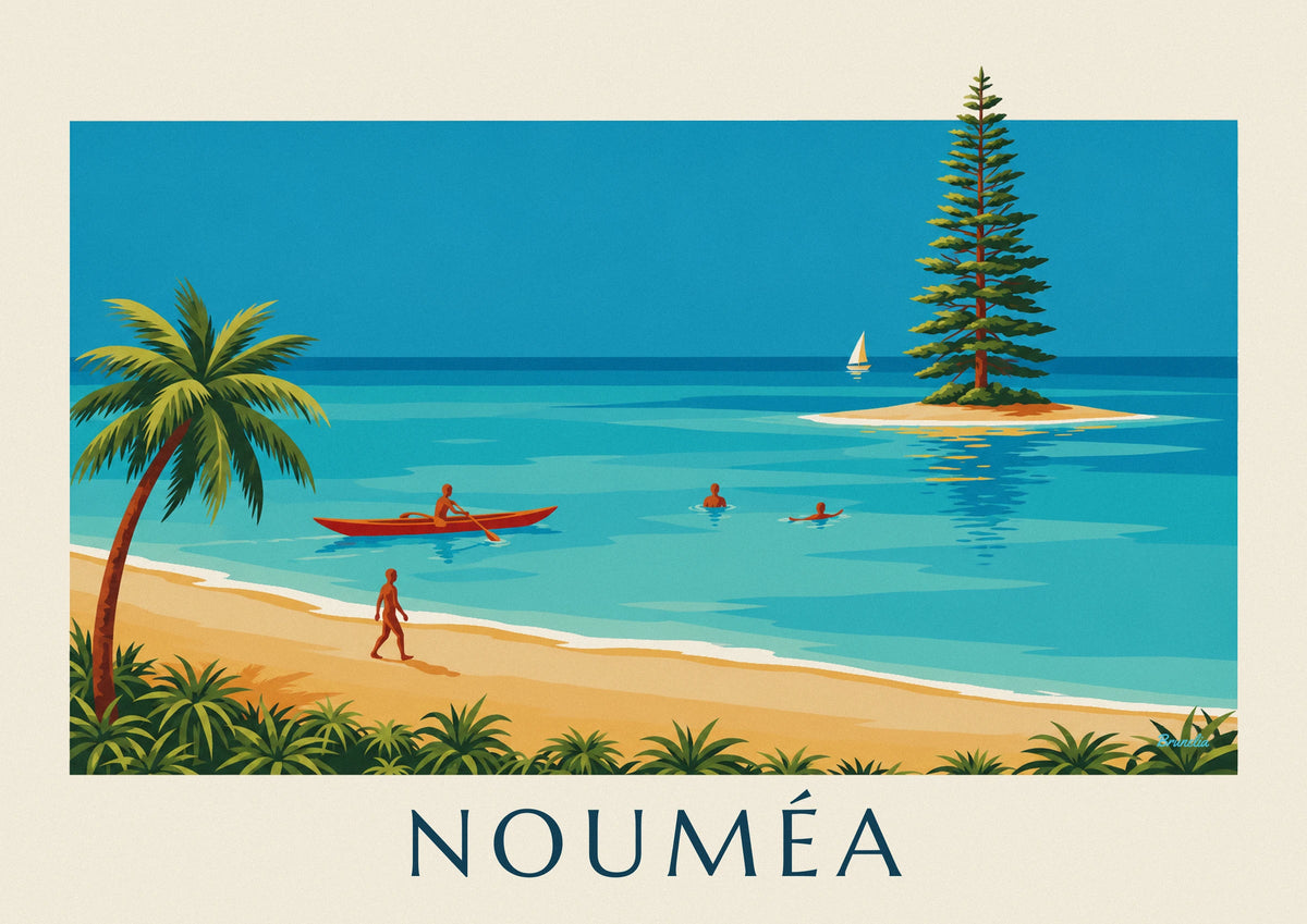 Nouméa lagoon pirogue and columnar pine poster