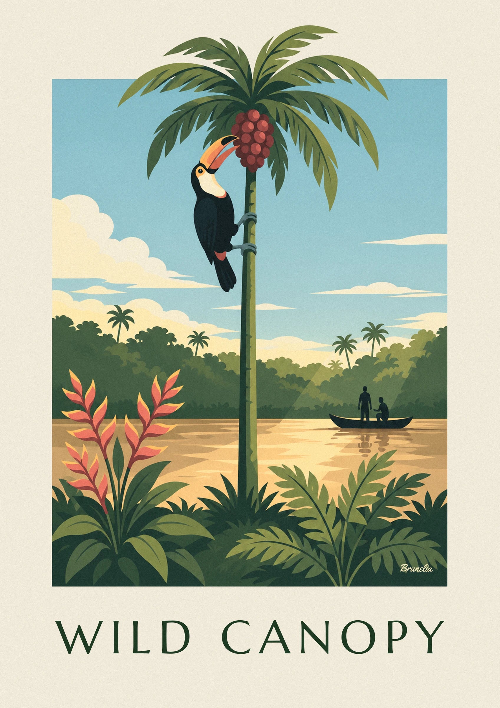 The toucan with black plumage and an orange beak, clinging to the palm tree near the red fruit