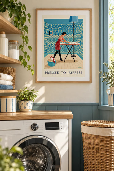 Poster Pin-up beim Bügeln eines Hemdes am Bügelbrett: gerahmt an der Wand