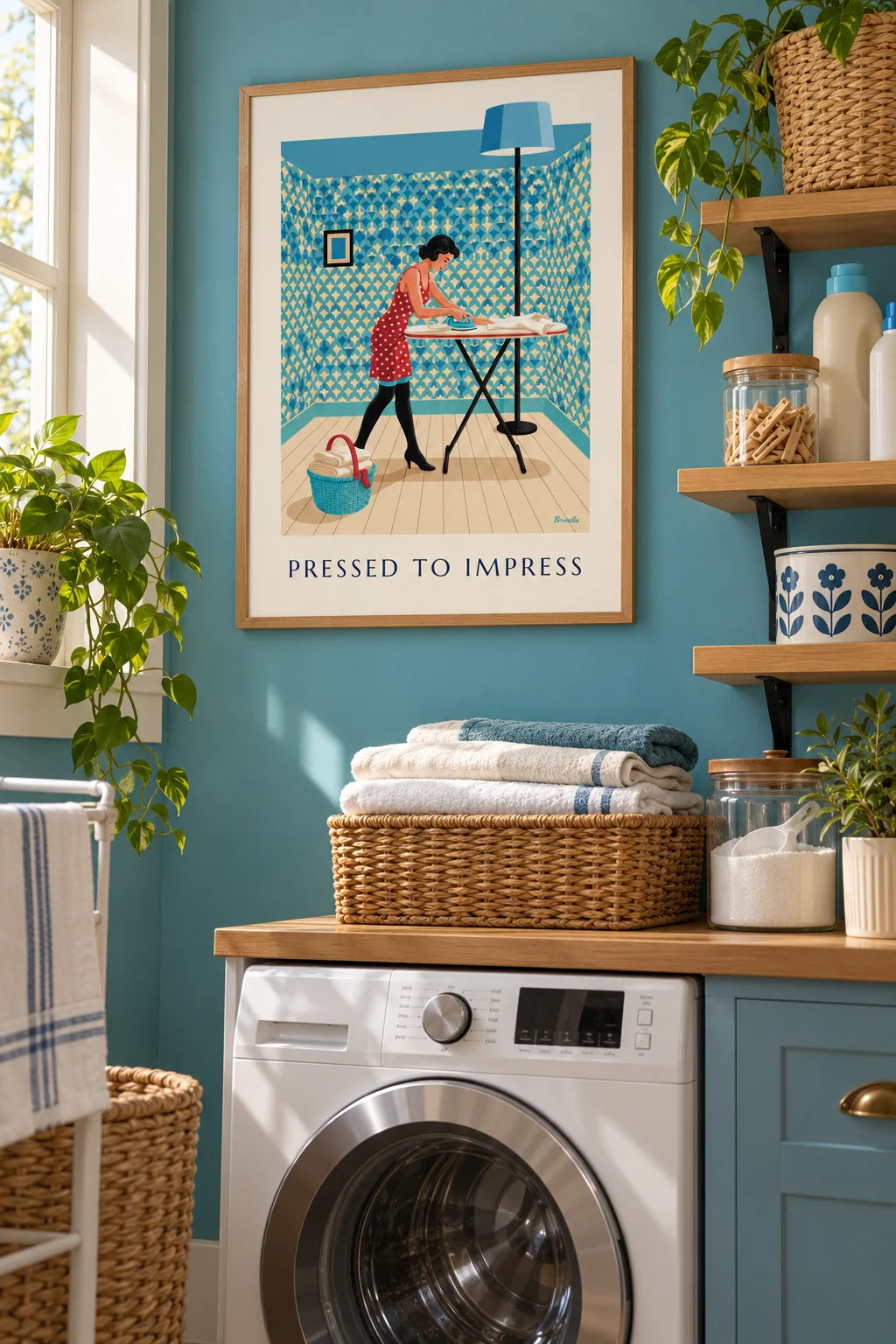 Laundry room: Pin-up ironing a shirt poster on the wall