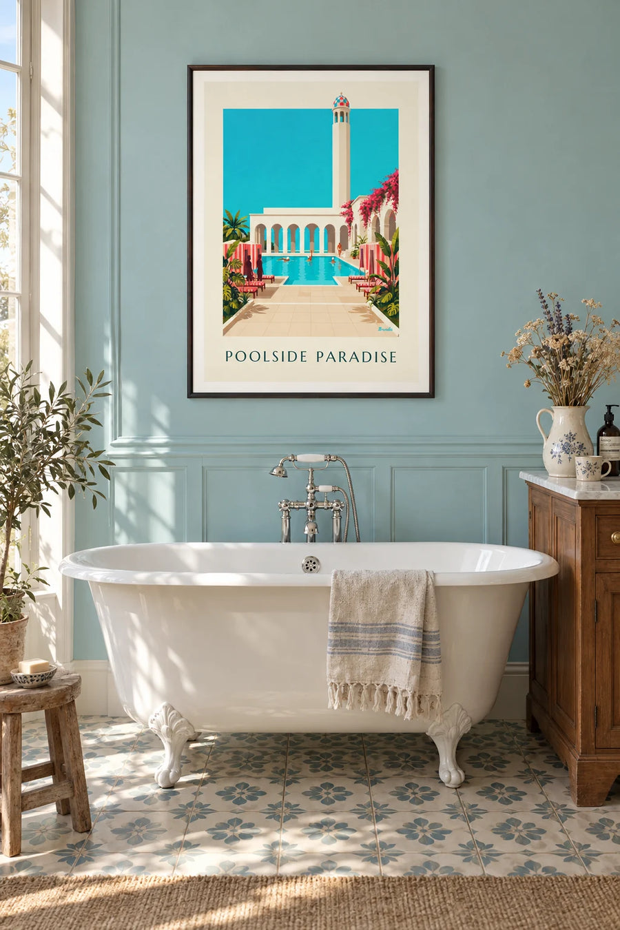Poster elegantes Schwimmbecken und exotische Vegetation: gerahmt an der Wand