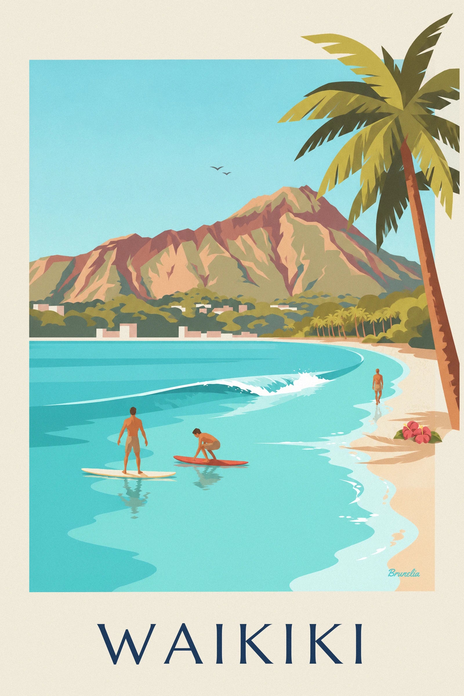 A bather walking along the water's edge, near pink hibiscus and palm trees