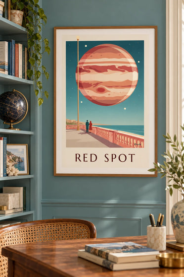 Poster Planet Jupiter mit dem Großen Roten Fleck am Himmel: gerahmt an der Wand