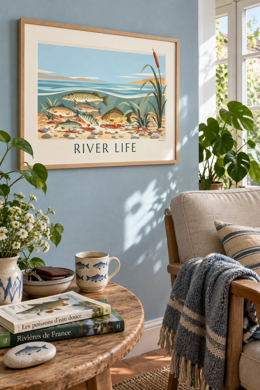 Poster Naturkundliche Tafel mit Süßwasserfischen im Fluss: gerahmt an der Wand