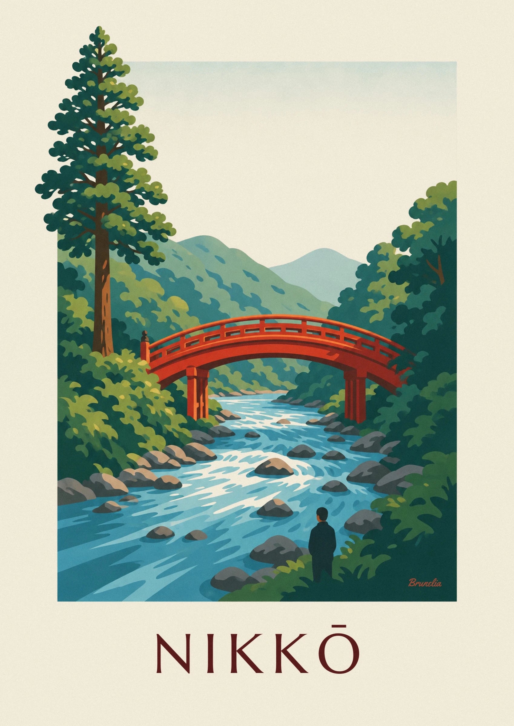 The red Shinkyō bridge above the turquoise waters of the Daiya, between the mountains
