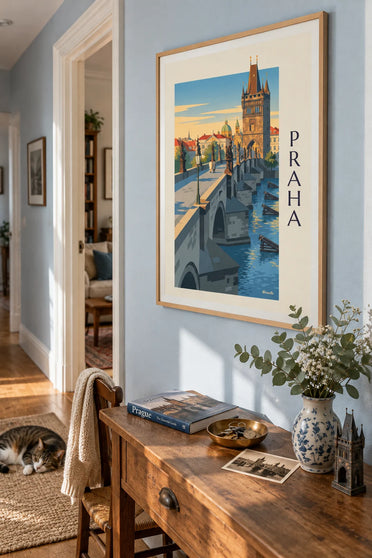 Poster mit Karlsbrücke und Prager Burg an der Moldau: gerahmt an der Wand