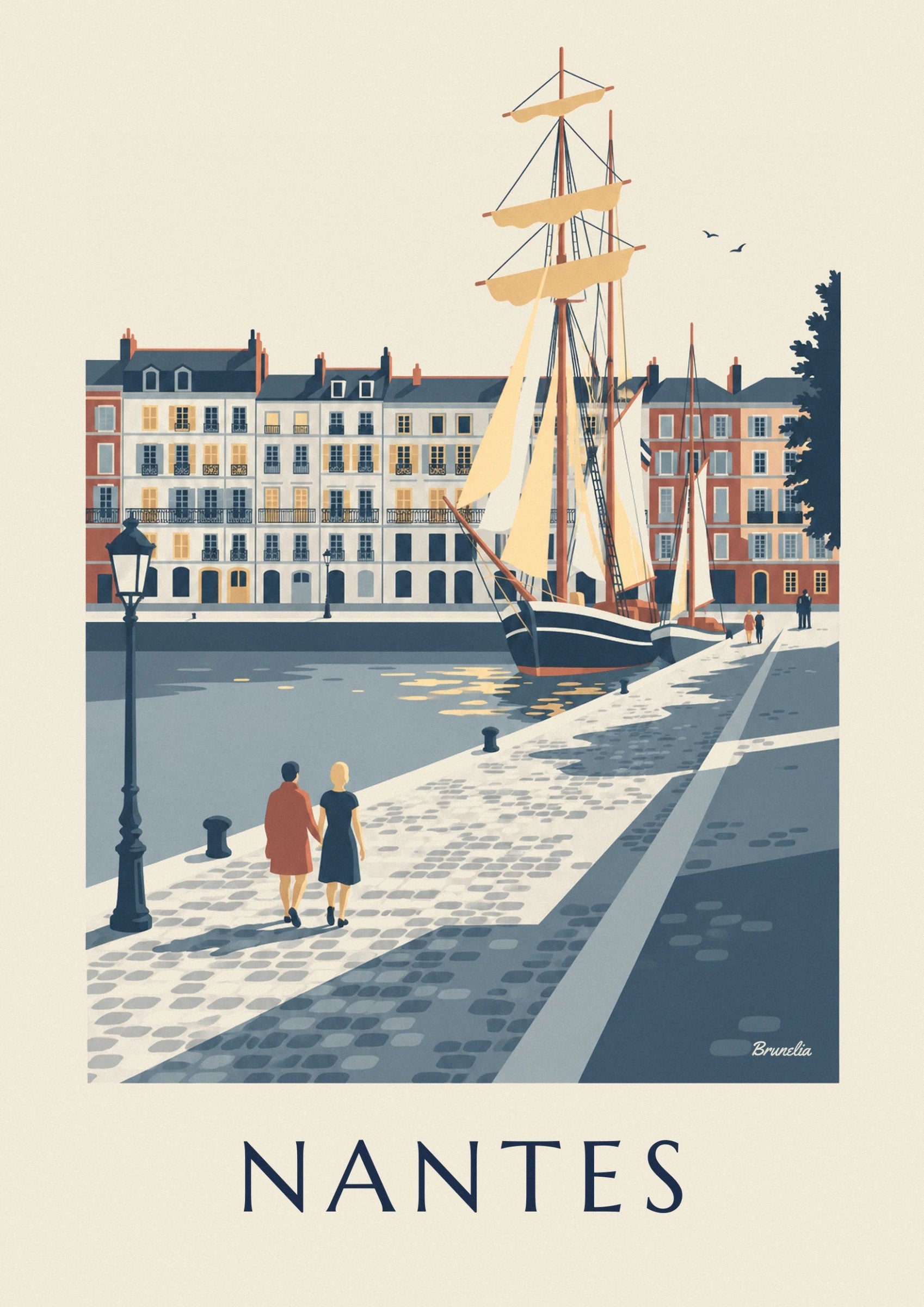 Les voiliers aux voiles crème devant les façades colorées du quai de la Fosse