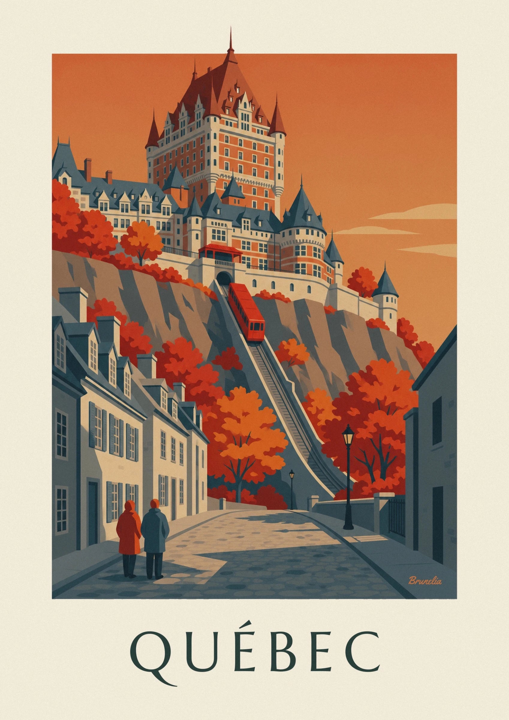 Château Frontenac with its pointed roofs, between orange foliage and a copper-coloured sky