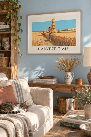 Poster of a woman harvesting wheat in golden fields: framed on the wall