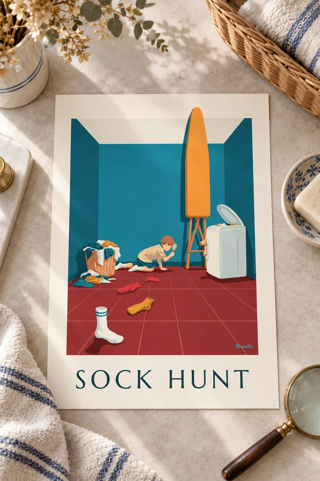 Laundry room: Boy with magnifying glass on the sock trail poster on the wall