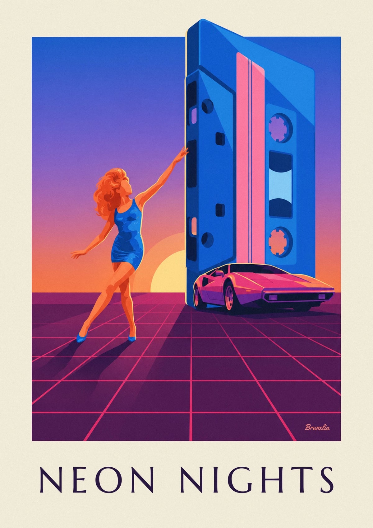 Affiche femme disco, cassette géante et voiture de sport