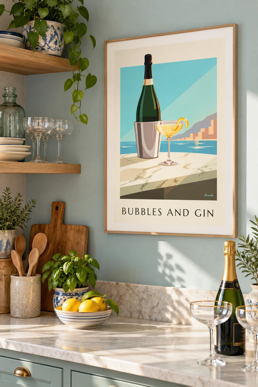 Affiche cocktail French 75 servi en coupe de champagne : encadrée au mur