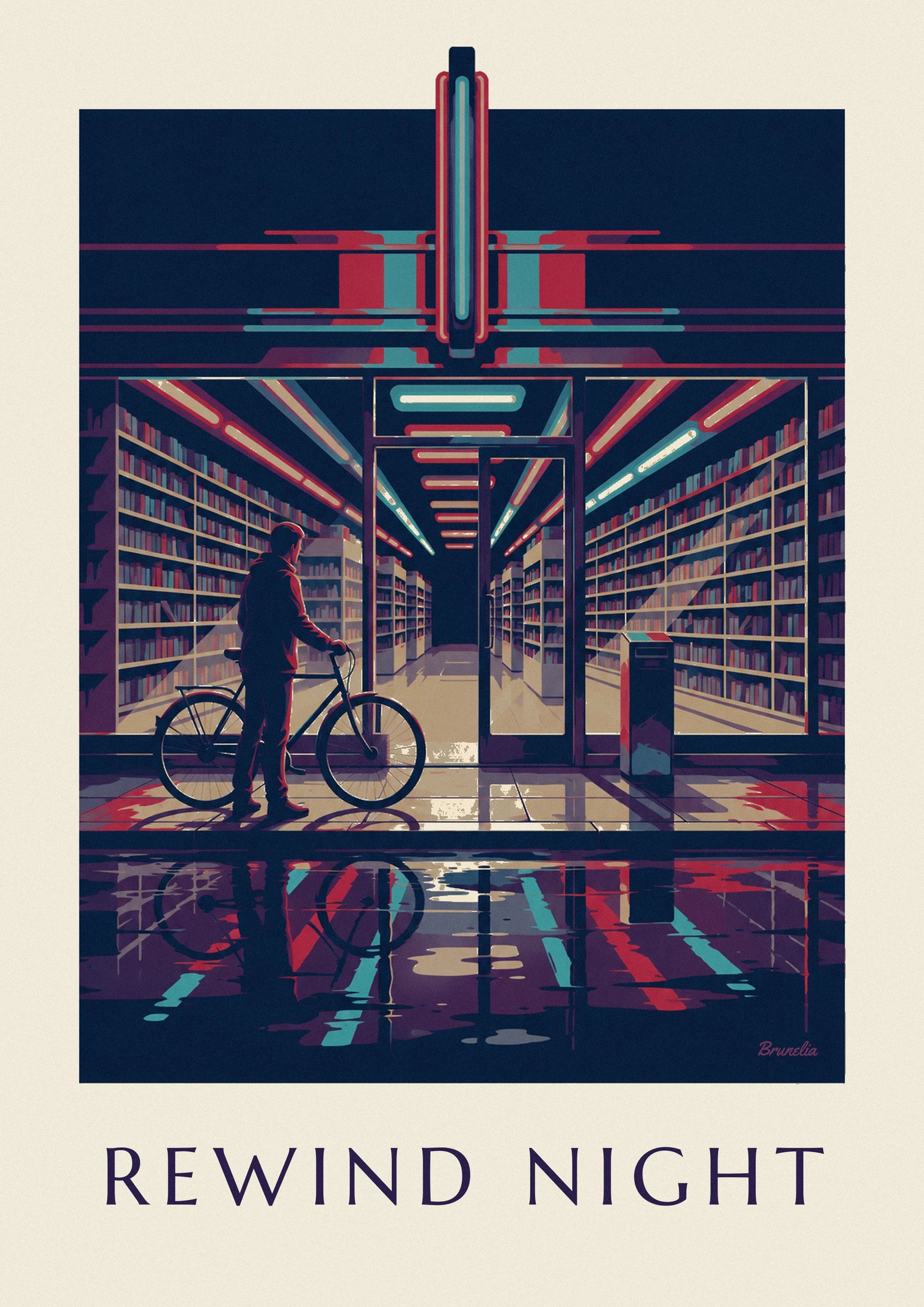 A man in dark clothes with his bicycle in front of the video shop's lit shelves