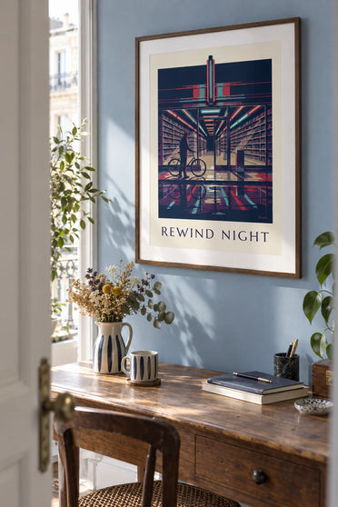 Poster Videothek und Regale voller VHS-Kassetten im Neonlicht bei Nacht: gerahmt an der Wand