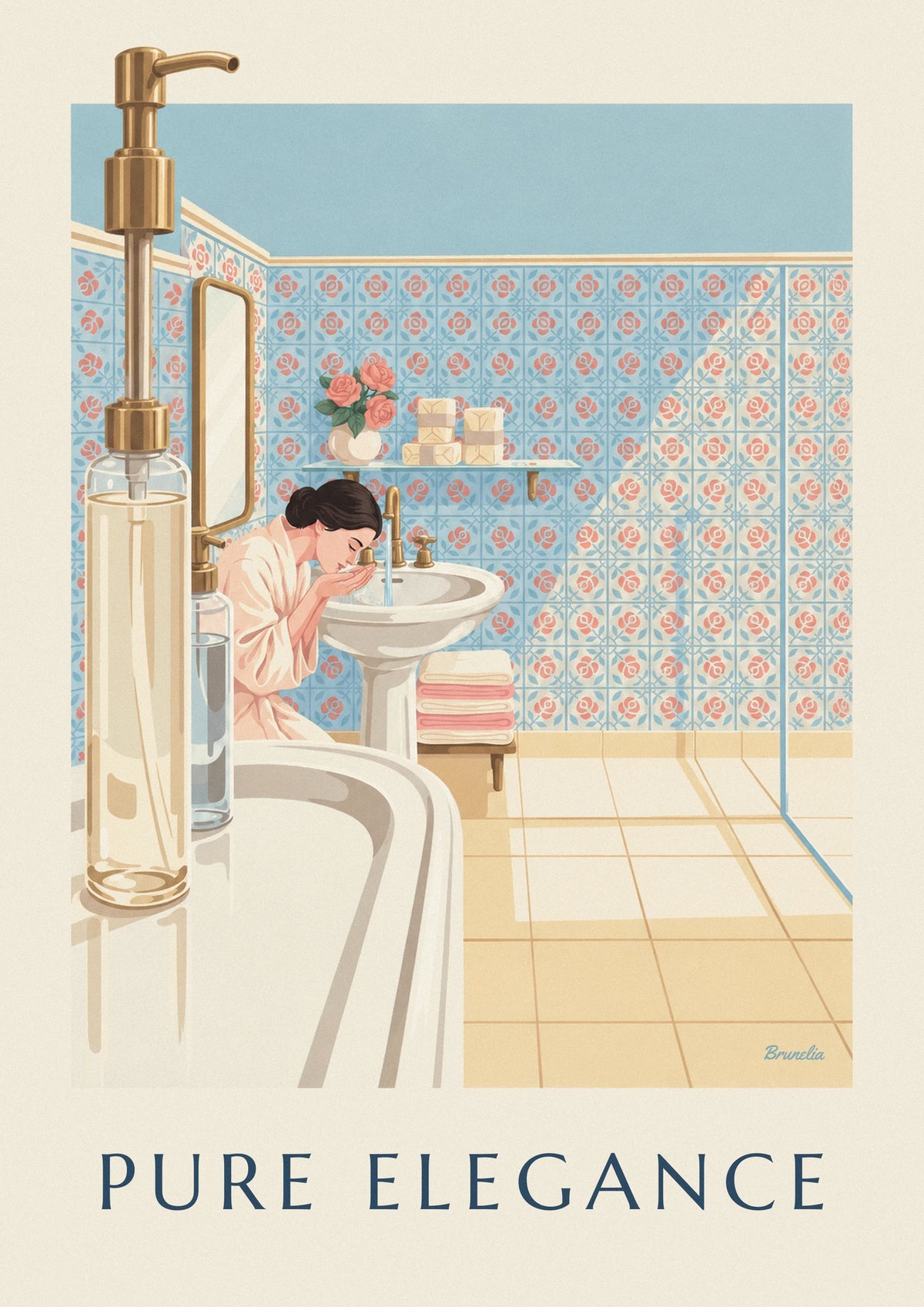 Sunny bathroom with soaps and porcelain sink poster