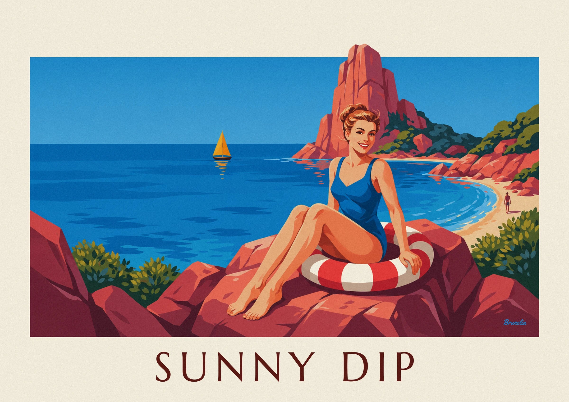 Die Pin-up im blauen Badeanzug, die auf ihrem rot-weißen Schwimmreifen auf den roten Felsen sitzt