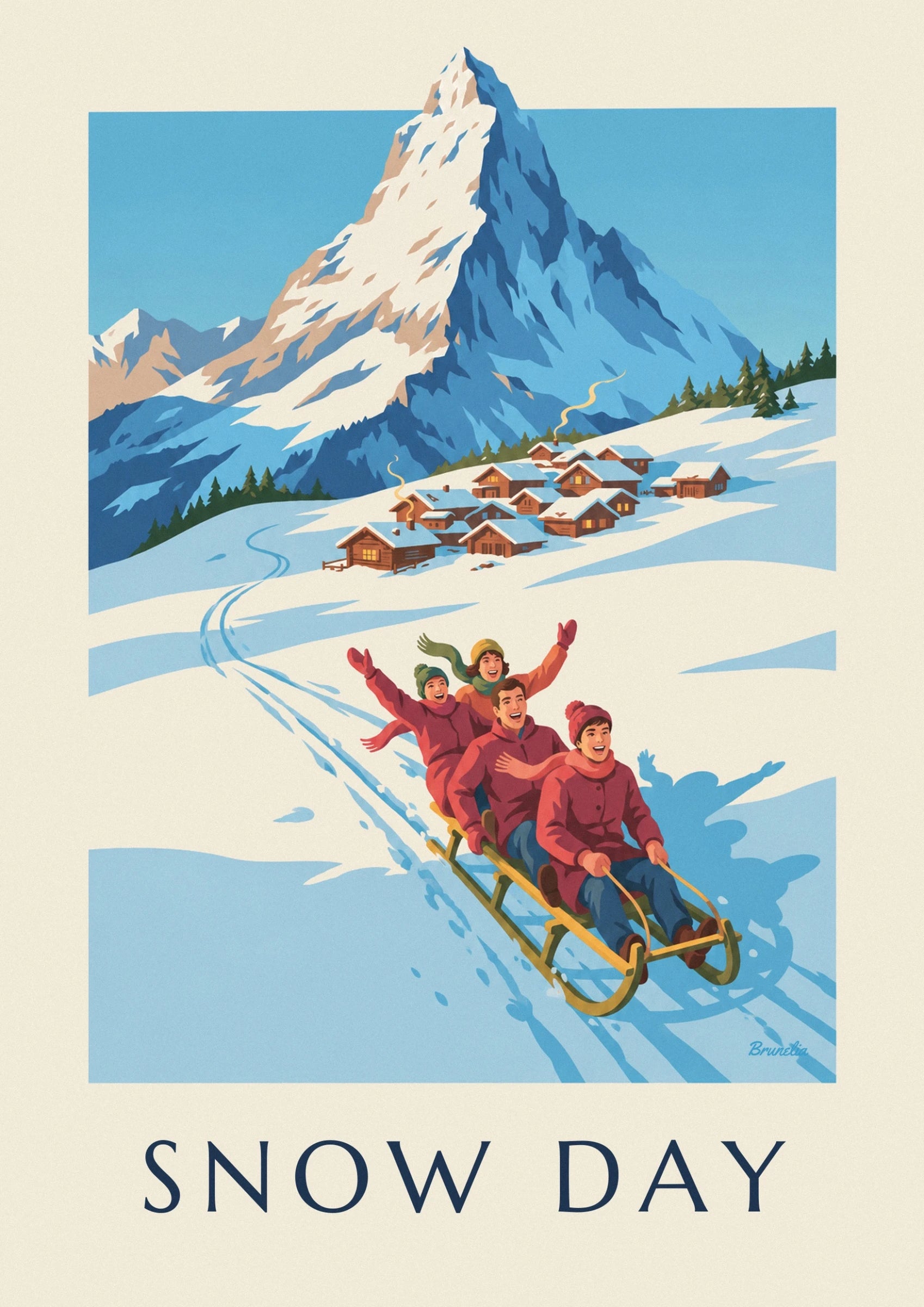 La famille en bonnets et manteaux rouges sur une luge en bois dans la neige